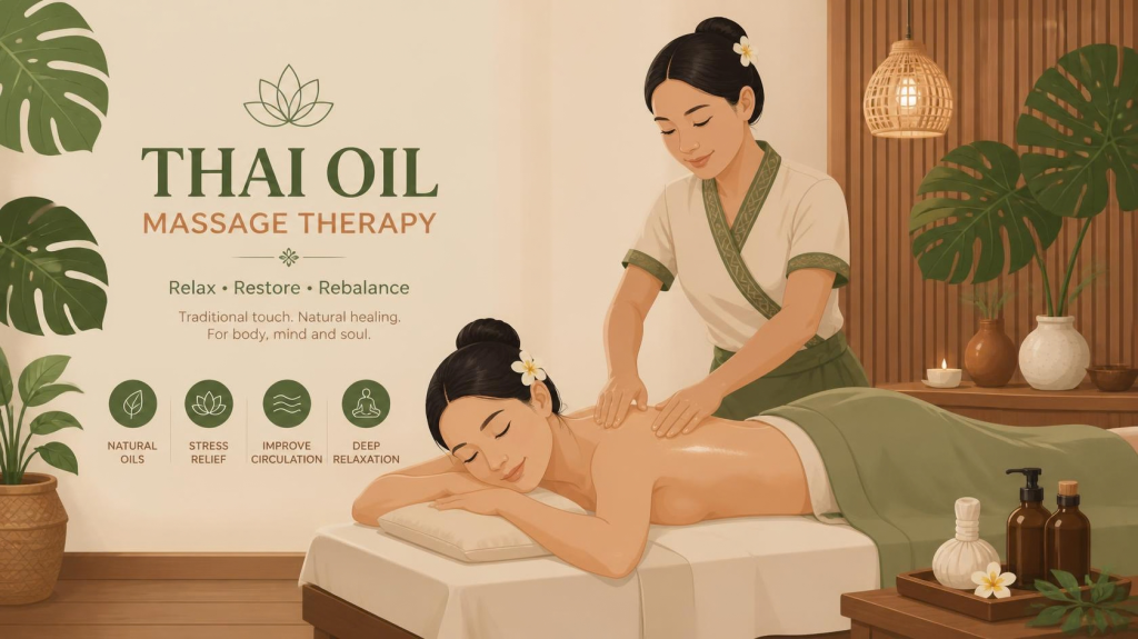 タイ式オイルトリートメントの施術風景。アロマオイルで背中の深層筋肉をほぐすイラスト