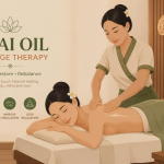 タイ式オイルトリートメントの施術風景。アロマオイルで背中の深層筋肉をほぐすイラスト