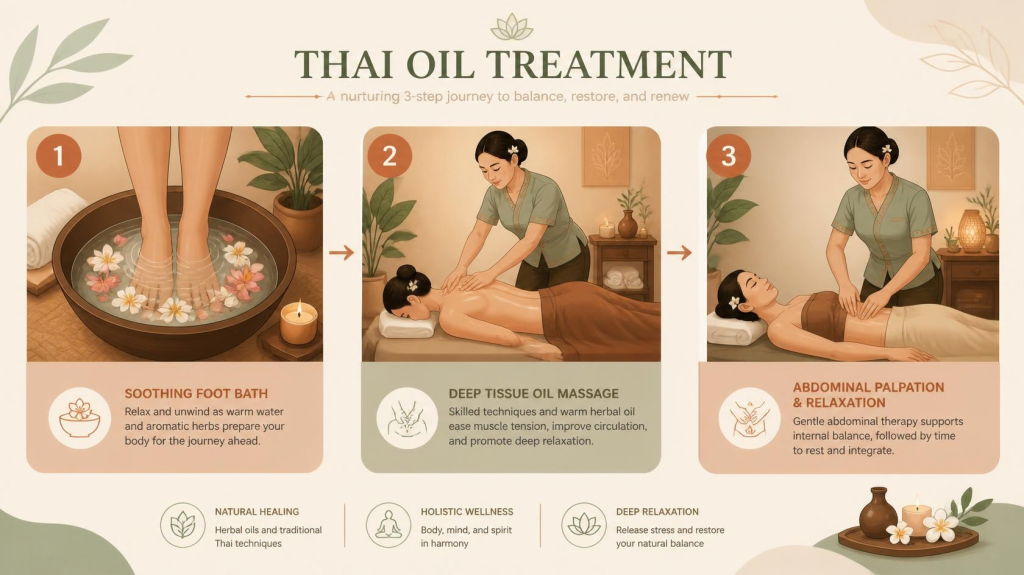 タイ式オイルトリートメントの3ステップ（1. フットバス、2. オイルマッサージ、3. お腹の触診とリラックス）のイラスト